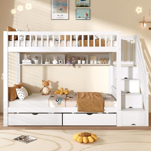 SURUEO 3ft Single High Loft Bed Frame, Solid Wood Bunk Bed with Underbed Storage Drawers, Integrated Staircase Storage, Shelves, Hidden Lockers & Safety Guardrails, 90x190cm, White (No Mattress)