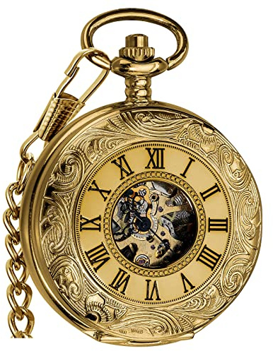 VIGOROSO Mens Pocket Watch with Chain Half Hunter Double Cover Skeleton Mechanical Watches Gold Roman Numeral in Box