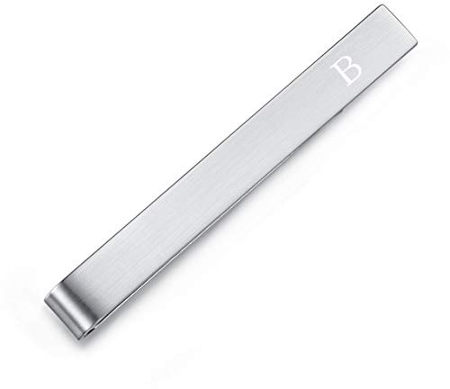 Honey Bear Clip Pasador de Corbata -Carta Inicial Alfabeto Talla Normal para Hombre Necktie, Acero Inoxidable,Boda Negocio Regalo,5.4cm,Cepillado Plata (B)