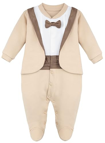 Lilax Baby Boy Gentleman Tuxedo Footie Christmas Holiday Outfit with Bow Tie (9 Months, Beige)