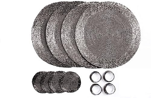 Penguin Home® Platzsets, Untersetzer und Serviettenringe mit Glasperlen – Silber und Weiß – runde Tischsets – handgefertigt von erfahrenen indischen Kunsthandwerkern – Durchmesser – 32 cm