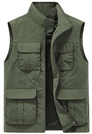 Yukirtiq Gilet de Pêche pour Homme Respirant Veste Sans Manches de Chasse Gilet de Journaliste à Séchage Rapide Léger Gilet Multi-Poches d'été Randonnée, Vert, XXL