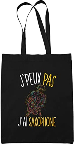 Planetee Sac Tote Bag Saxophone Je peux pas Noir | Sac caban en toile coton idée cadeau anniversaire