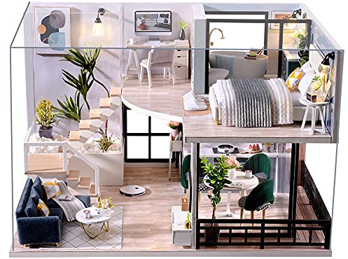 CUTEBEE Puppenhaus Miniatur mit Möbeln, Idee DIY hölzernes Puppenhaus-Kit, Maßstab 1:24 kreativer Raum(Cozy Time