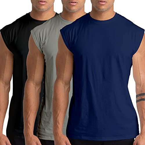 Holure 3 Pack Men's Gym Tank Tops Workout Sleeveless T-Shirts Athletic Muscle Tank Training Bodybuilding Shirts Black/Grey/Navy 04-M