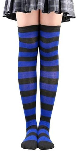 HiFEN® Chaussettes montantes au-dessus du genou pour femme et fille - Rayures fines et unies - Collants tube pour Halloween - Couleurs assorties - Taille 37-39, Noir et bleu roi, 32-34
