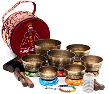 Juego de 7 cuencos tibetanos hechos a mano para meditación, sonido, paz, atención plena, yoga, siete cuencos de chakras, cuenco tibetano bendecido con mantra