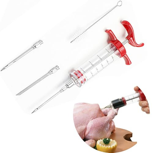Inyector de carne, kit de inyector de pavo de adobo de plástico de 1 onza, 3 agujas de carne de acero inoxidable, 1 cepillo de limpieza, jeringa de inyección de adobo de plástico con aguja de carne