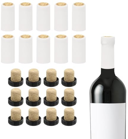 sourcing map 100 capsule termorestringenti in PVC con 12 tappi in sughero a forma di T per bottiglie di vino, tappi termorestringenti per bottiglie di vino, cantine, casa, 30 x 60 mm, bianco