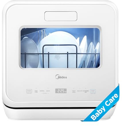 Midea MDC17P4CWW Portable Countertop Mini 1.32Gal Built-in Water Tank, Baby Care, No Hookup Needed, 360° Dual Spray,High-Temp wash, Dishwasher for Apartments& RVs, White, Whole