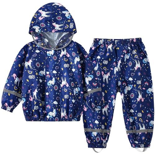 Kids Rain Suit, Raincoat & Waterproof Trousers 2-Piece Waterproof Suit Set, Girls Rain Jacket and Rain Trousers Toddler Cartoon Printed Unicorn Puddle Suit, 5-6 Years