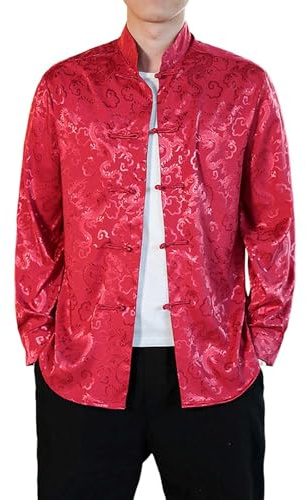 RUMAOZIA Chinese Men's Clothing Men Satin Mandarin Collar Silk Shirts Collar Chinese Dress Tang Suit Jacket Martial Arts Kung Fu Shirts Chinese Tang Suit National Costumes, O Red, 3XL