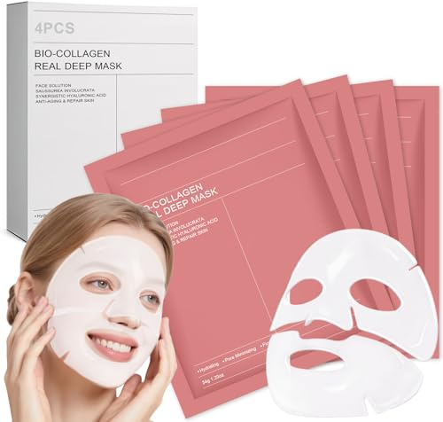 4 Piezas Mascarilla Facial de Colágeno, Bio Collagen Mask Hidratante y Reafirmante, Cuidado Facial Anti-Edad, Mejora la Elasticidad y Luminosidad de la Piel, Apta para Todo Tipo de Piel