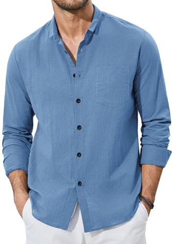 Enlision Camisas Lino Hombre Manga Larga Verano de Algodon Casual Camisa Henley Shirts Cuello Mao Color Sólido Elegantes Playa Boda Vacaciones S-4XL