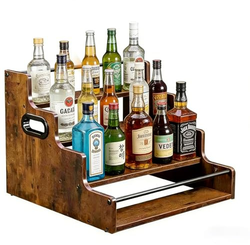UTBAMST Liquor Bottle Display Shelf, 4 Step Countertop Liquor Wine Rack, Mini Bar, Liquor Cabinet, Coffee Syrup Rack Organizer, Home Retro Bar Shelf Stand for Liquor