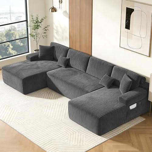 DURASPACE Canapé U 320cm 6pl Velours côtelé Mousse mémoire Gris