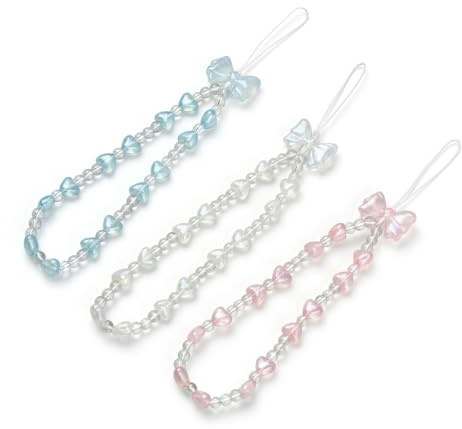 Zirax 3 Pcs Phone Charm Strap Cute Heart Bowknot Crystal Beaded Phone Chain | Aesthetic Wrist Strap for Women Girls Multi-Purpose Mobile Accessories Keychain Bag Pendant