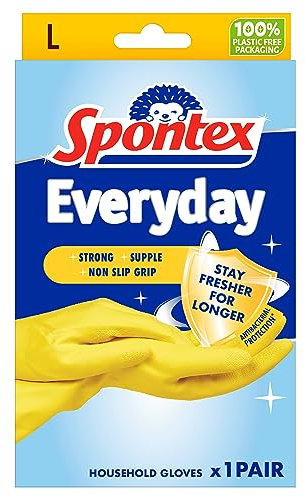 Spontex Everyday Protect Rubber Gloves | Large Size | Antibacterial Protection | Non-Slip Grip | Natural Latex with 100% Recycled Cotton Lining | 1 Pair