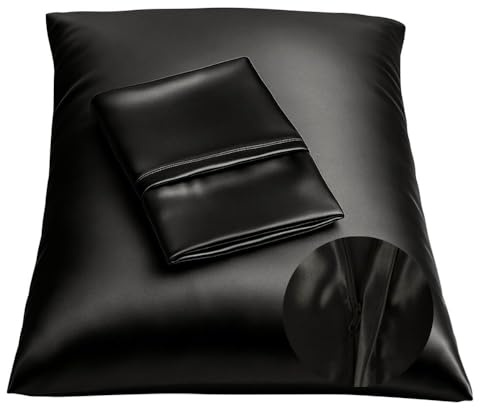 BLISSFORD Black Satin Pillowcase with Zipper for Hair and Skin Care, Feels Soft and Cool Like a Silk Pillowcase, Satin Pillow Cases 2 Pack, Slik Pillow Cover, Standard Size, Set of 2