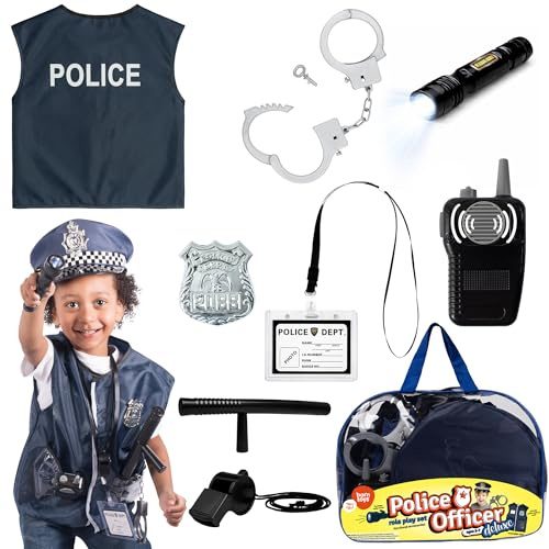 Born Toys Police Costume for Kids Ages 3-7 with Police Toys, Police Officer Costume for Boys and Girls, Includes Hat, Vest, Badge, Handcuffs, Flashlight, Baton, Pretend Play Career Day Dress Up Outfit