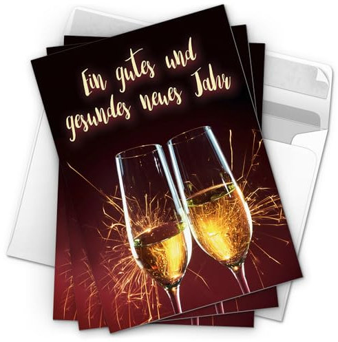 Einladungskarten Manufaktur Hamburg 10 Neujahrs-Karten (Sektgläser) im Postkarten Format mit Umschlag/Weihnachten/Sylvester / 2026 / Neues Jahr/Silvester