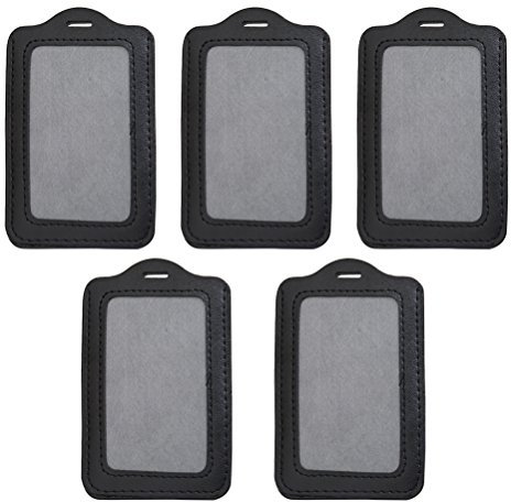 5pcs Vertical Pu Leather Badge Holder Case Black Pass Pouch for Business Cards and Id Protection with Clear Front Window