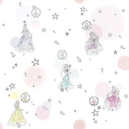 Komar Disney Non-Woven Wallpaper - Princess Pretty Pastel - 1 Roll - Size: 10.05 x 0.53 m - Children's Room, Princess, Queen, Fairy Tale, Girls, Colourful