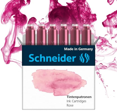 Schneider Ink Cartridge Pastel, Standard Format, Ball Closure, Refill for Fountain and Cartridge Rollerball Pens, Rose Ink, Box of 6 Cartridges (166129)