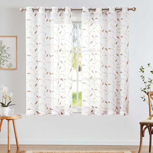 TOPICK Sheer Vorhang Voile Gardinen mit Ösen Blätter Stickerei Transparent Ösenschal Gaze Paarig Ösenschals Blatt für Wohnzimmer Schlafzimmer Stores 2er Set Gold auf Weiß H175 x B140(cm)