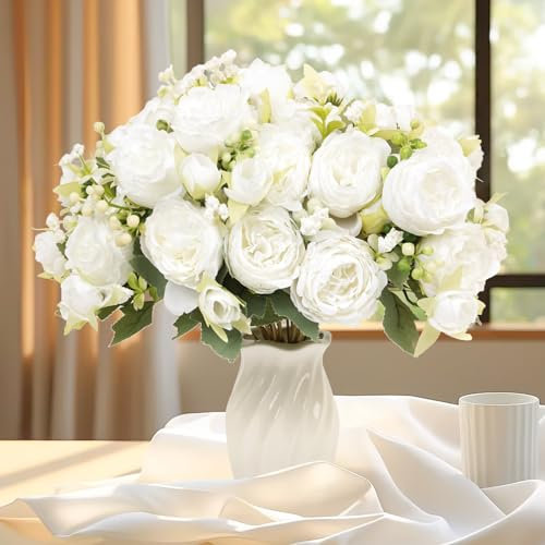 FADACHY 4 Bunches White Real Touch Silk Peonies Artificial Flowers - Lifelike Wedding & Home Table Decor, Garden Centerpieces & Indoor/Outdoor Arrangements