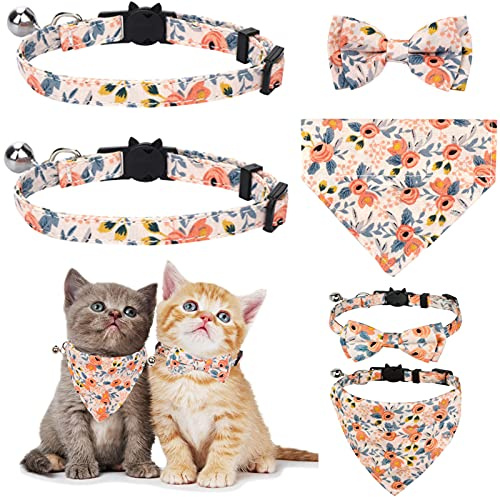 Colliers pour chats avec cloches Collier papillon amovible Bandana, 2 colliers pour animaux de compagnie + 1 Bandana pour chien + 1 nœud, collier pour chaton, Nœud papillon pour chien