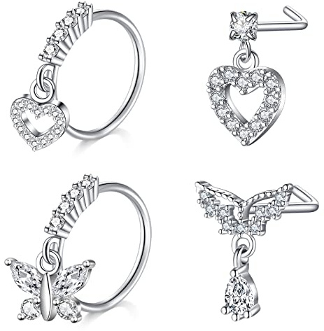 Mayhoop Piercing Nez 20G 4 Pièces Anneaux Studs pour Acier Chirurgical Piercing Argent avec CZ en Forme de L de Nez Bijoux de Piercing pour Femme Homme