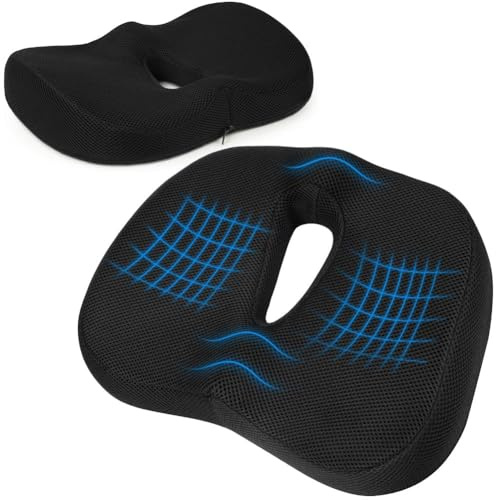 Ainiv Memory Foam Seat Cushion, Breathable Seat Pads, Non-slip Chair Cushion for Office Computer Car, Coccyx Cushion for Lower Back, Ergonomic Design & Strong support, Washable Removable Cover, Black