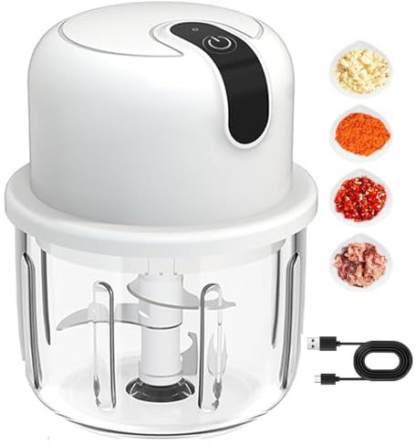 Electric Food Chopper, 300ML Mini Food Chopper, Kitchen Food Processor and Blender, Glass Bowl Vegetable Grinder，with USB Charging for Fruit Pepper Chili Vegetable Onion Meat