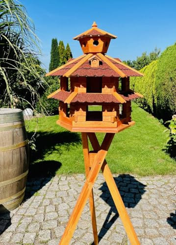 DARLUX Vogelvilla wetterfest von L bis XXL Futterhaus Vogelhaus mit oder ohne Ständer in Braun mit Rot, Grün oder Blau für Garten und Balkon (Größe XXL mit Ständer, Rot - Braun)