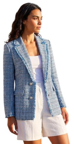 Roman Boucle Blazer for Women UK Ladies Frayed Edge Tailored Longline Rever Collar Jacket Lapel Stretch Smart Office Work Party Night Going Out Lined Classic - Baby Blue - Size 14
