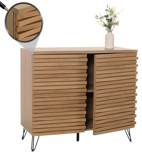 Mendler Kommode HWC-M49, Schrank Sideboard Highboard, 3D-Design Staufächer, MDF Metall 85x95x45cm - Natur