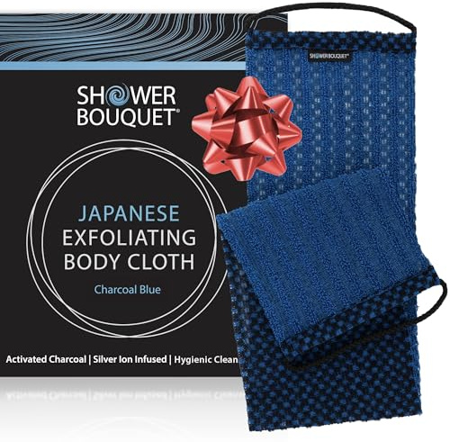 Japanese Exfoliating Washcloth for Back & Body - Charcoal & Silver Ion Exfoliating Towel with Handles - Two-Sided Gentle Exfoliation & Deep Cleansing Soft Body Wash Cloths for Shower - Blue