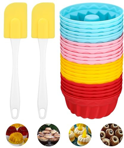 Xaosin Mini Stampo in Silicone per Muffin 24 Pezzi con 2 Spatole - Tortiera per Cioccolato, Budino, Torte 6,5 x 2,8 cm - 4 Colori