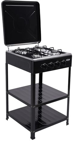 Countertop Natural Gas Stove 4 Burner, Commercial Kitchen Cooking Stove Set with Adjustable Fire Control & Cover, Free Standing 2-Tier Storage Rack for Apartments, Outdoor, Rvs (Black)