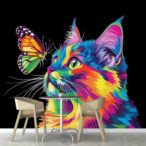 ANALTIRCE Papier Peint Photo Wallpaper Mural,3D Panoramique Murale Chat Multicolore À L'Aquarelle Animal, Papier Peint soie 300×210 cm, pour Salon, Chambre Enfant Décoration Murale