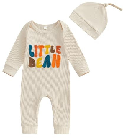 Geagodelia Newborn Baby Boy Little Bean Baby Grow and Matching Hat Set Long Sleeve Ribbed Baby Romper One Piece Outfit Cotton Summer Clothes for Babies (Beige, 0-3 Months)