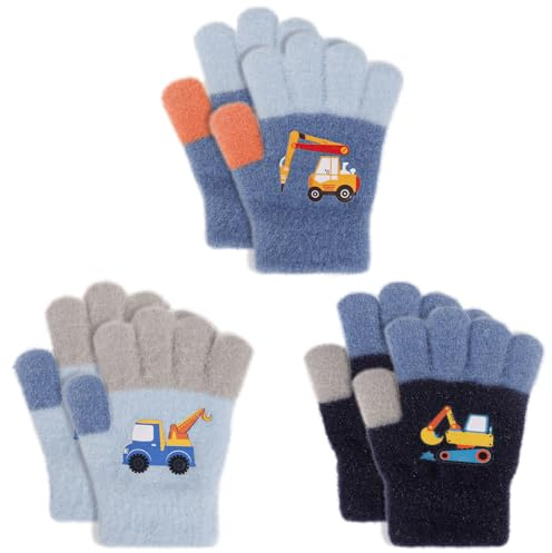 QKURT Kinder-Magic-Handschuhe, 3 Paar Kinder-Stretch-Vollfinger-Handschuhe, Winter-Thermofäustlinge,elastische Fäustlinge, Kälteschutzhandschuhe, Baggermuster, für Jungen und Mädchen, 1–5 Jahre