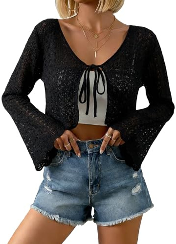 Coloquin Womens Bell Long Sleeve Crochet Knit Bolero Shrug Tie Front Open Front Cropped Cardigan Going Out Tops