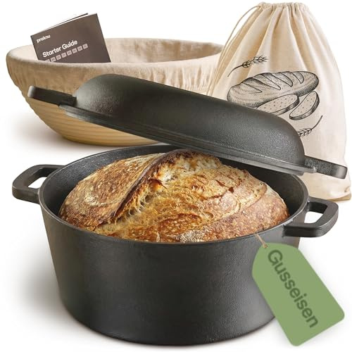 Praknu Pentola Ghisa 26 cm – Casseruola In Ghisa Set – con Cestino Lievitazione & Sacchetto Per Pane – Coperchio Incluso – 4,7 L Dutch Oven