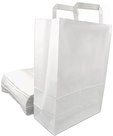 100 Sacs Papier taille moyenne kraft blanc avec poignée 11 litres largeur 26 cm, hauteur 35 cm, soufflet 12- sac cabas à anse plate solide, résistant papier 80g non imprimé ref SKB13PP1F (100)