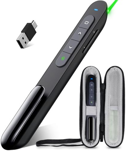DinoFire USB Rechargeable RF 2.4 GHz Green Light Presentation Remote, Powerpoint Clicker Wireless Presenter Presentation Clicker Slide Advancer for Mac/Keynote/PC/PPT