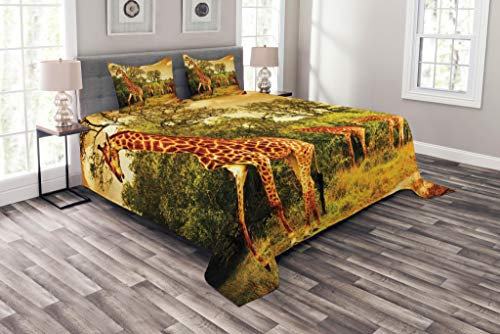 ABAKUHAUS Giraffe Tagesdecke Set, Afrikanische Safaritiere, Set mit Kissenbezügen Waschbar, für Einzelbetten 170 x 220 cm, Dunkelorange Grün