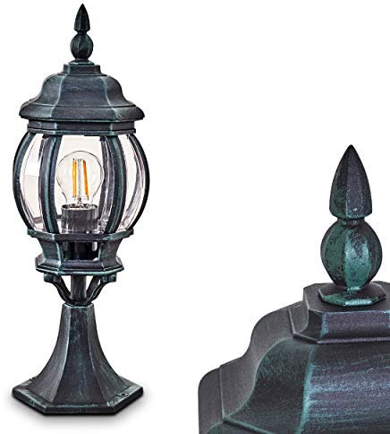 Außenleuchte Lentua, Sockelleuchte in antikem Look, Aluguss in Schwarz/Grün mit Kunststoff-Scheiben, Wegeleuchte 50 cm, Retro/Vintage Gartenlampe, E27-Fassung, IP44, ohne Leuchtmittel