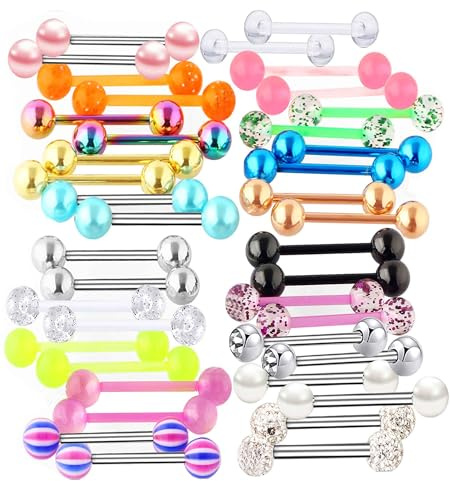 Suotarn 40pcs 14G Tongue rings For Women Stainless Steel Straight Tongue Barbell UV Acrylic Plastic Tongue Piercing Jewelry Nipple Piercings 5/8 Glow in Dark Flexible Retainer Body Jewelry for Men